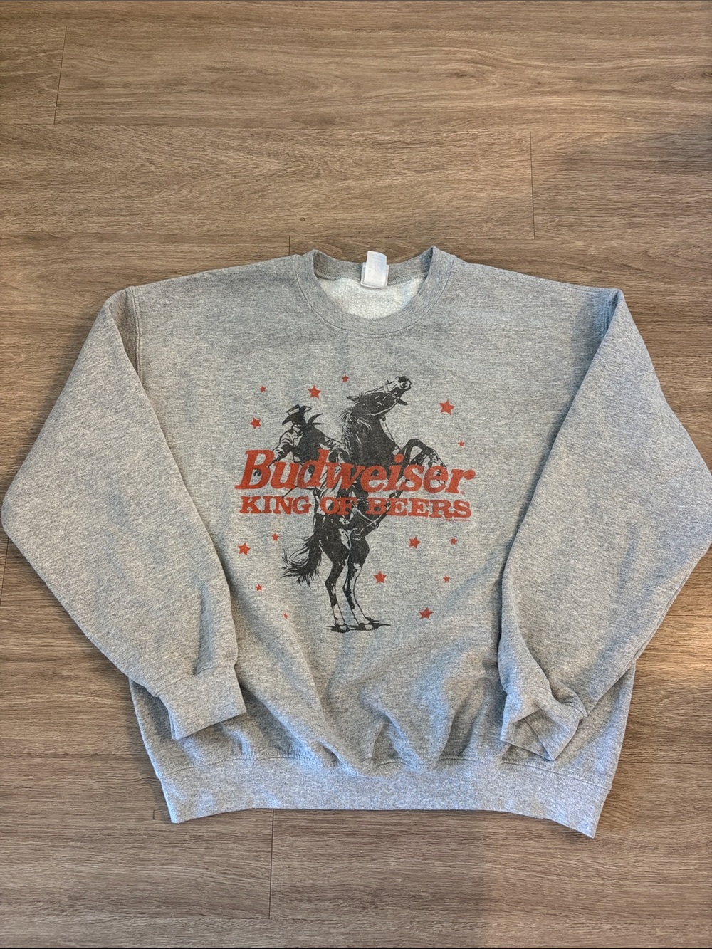 Junk Food Clothing Gray Crewneck with Red Budweiser Logo and Black Rodeo Graphic